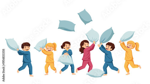 Group of playful children in pajamas are having an energetic and fun pillow fight against a clean white background.