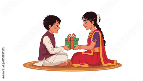 Charming illustration of two Indian siblings celebrating Raksha Bandhan as the brother presents a gift to his sister on a rug.