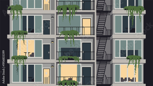 Modern apartment building facade at night with glowing windows, balconies with plants, and an external metal fire escape.