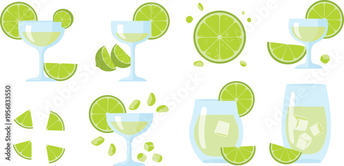 Lime Cocktail Vector Set with Citrus Slices, Glasses and Ice Cubes for Refreshing Summer Drink Illustration, Bar Beverage Design and Tropical Party Graphics