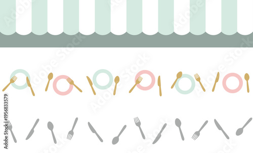 カフェのメニューや装飾に使えるカトラリーと食器のシームレスなラインセット / Cutlery and dishes seamless line set