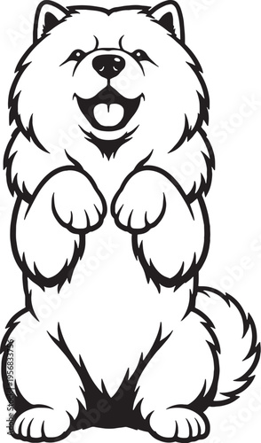 Chow Chow sitting beg pose front view black and white line art illustration