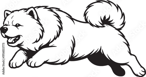 Chow Chow jumping mid air side view black and white line art illustration