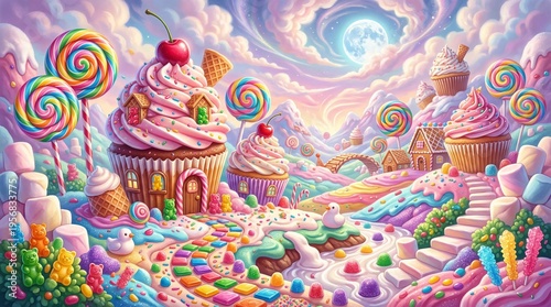 Whimsical candyland adventure fantasy landscape digital art vibrant colors dreamlike atmosphere