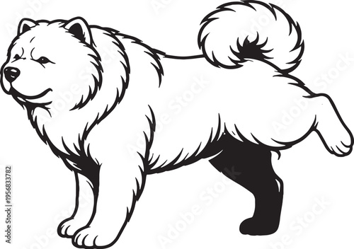 Chow Chow marking territory leg lift black and white line art illustration