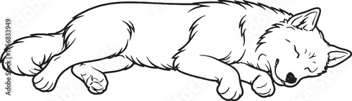 Alaskan Malamute Sleeping on Side Relaxed Black and White Line Art Illustration
