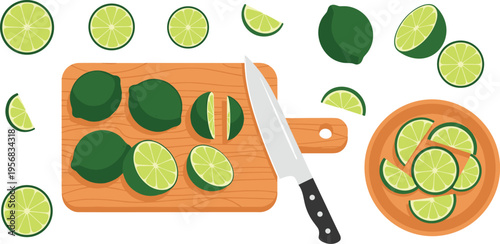 Lime Slicing Process Vector Illustration with Cutting Board, Knife, Fresh Citrus Pieces and Bowl Arrangement for Cooking Preparation and Organic Food Design