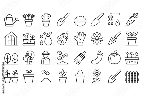 Organic Gardening Icons with Flowers Vegetables and Watering Tools