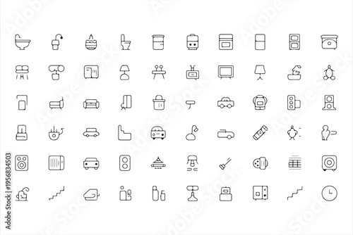 Interior Design Line Icons for Kitchen Bathroom and Living Room