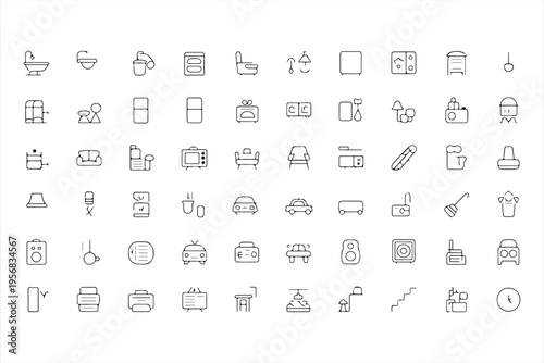 Home Interior Line Icons with Appliances and Furniture Symbols