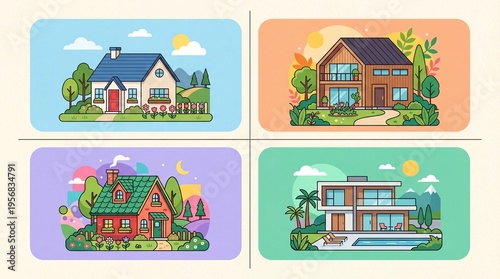 Charming house designs peaceful neighborhood digital illustrations vibrant colors aesthetic views home concepts