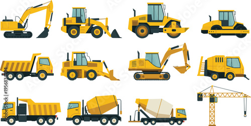 Construction heavy equipment vector illustration with excavators loaders dump trucks cranes rollers and machinery vehicles for building engineering projects