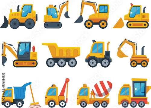 Construction machinery vector illustration with excavators loaders dump trucks concrete mixer crane vehicles and heavy equipment for building projects