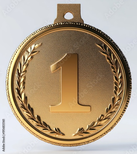 Triumphant gold medal with embossed number 1 and laurel wreath, shiny textured round medallion with hanging loop conveying victory and pride