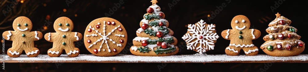 Fototapeta premium Cheerful smiling gingerbread people, decorated snowflake and stacked tree-shaped cookies dusted with powdered sugar on a dark background, festive holiday display