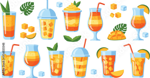 Mango Drink Collection with Juice Glasses, Smoothies, Ice Cubes, and Fresh Fruit Garnishes for Tropical Beverage Illustration, Summer Refreshment Design, and Healthy Nutrition Concepts