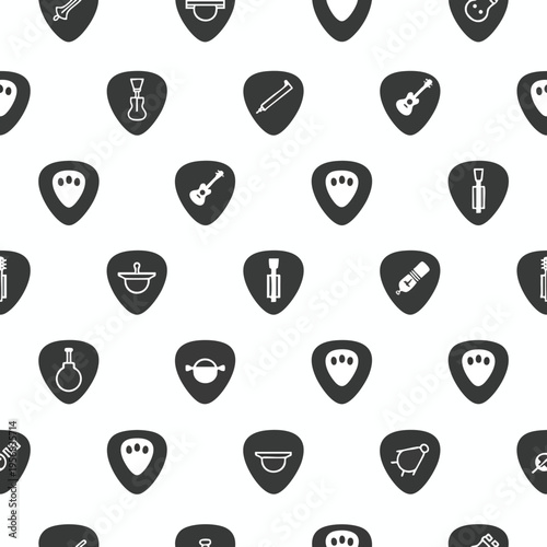 Dark patterned icons on a white background, featuring musical instruments and accessories