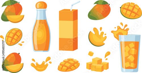 Mango Juice and Fresh Fruit Set with Bottle, Glass, Slices, Cubes, and Splashes for Tropical Beverage Illustration, Healthy Drink Design, and Organic Nutrition Concepts