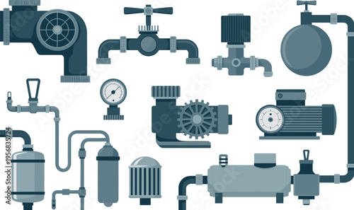 Industrial piping components vector illustration with pumps valves gauges filters tanks machinery and fluid control system engineering equipment collection set
