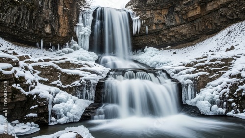 A serene winter landscape featuring a majestic waterfall surrounded by snow-covered rocks