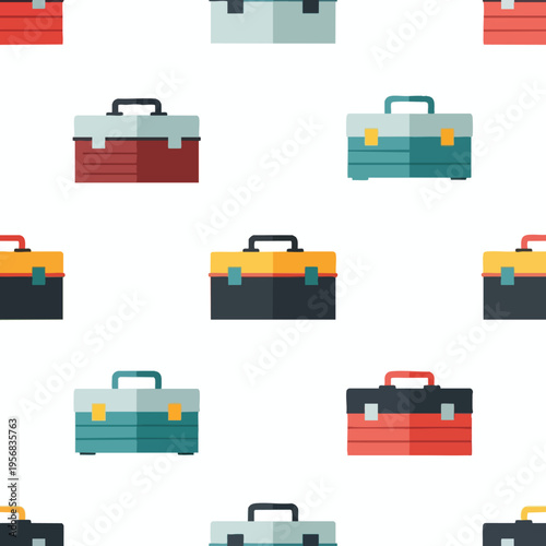 Seamless pattern of colorful, flat design toolboxes in various arrangements