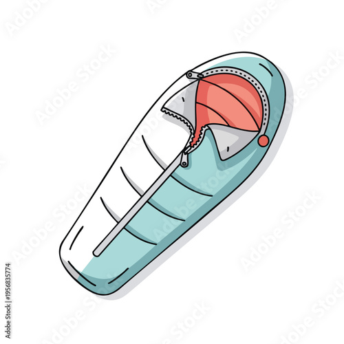 An illustration of a sleeping bag, partially unzipped, revealing a salmon pink interior