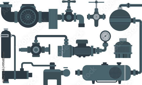 Industrial piping system vector illustration with valves pumps gauges filters tanks machinery components and fluid control equipment engineering set design