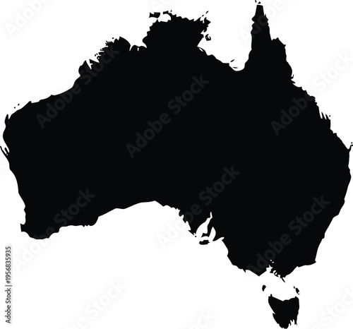 A simple black silhouette map of the continent of australia on a plain white background