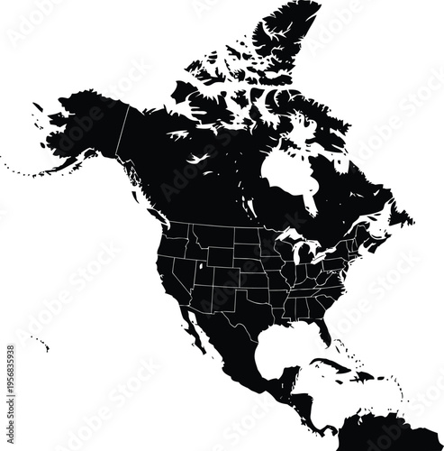 Detailed black silhouette map of north america showing internal country and state lines.