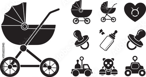 Baby Care Items and Toys in Black and White