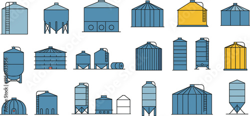 Industrial storage silos vector illustration with isometric tanks grain bins fuel containers agricultural and factory storage equipment collection set