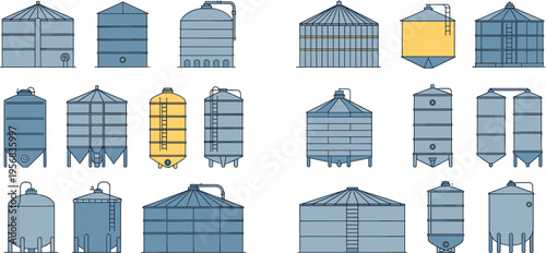 Industrial storage tanks and silos vector illustration with isometric containers grain bins fuel reservoirs and factory storage equipment collection set