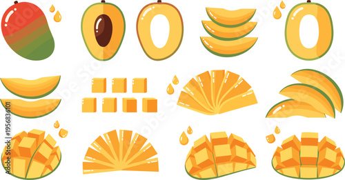 Mango Whole and Sliced Set with Cubes, Segments, Cross Sections, and Fresh Tropical Fruit Pieces for Food Illustration, Nutrition Design, and Recipe Ingredient Concepts