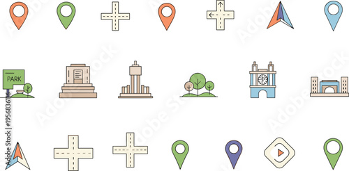 Map Navigation Icons Set with Location Pins Compass Landmarks and Direction Symbols for GPS Apps Travel Guides and Digital Mapping Interface Design