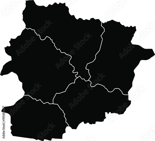 Black silhouette map of the country of andorra showing its administrative parish divisions