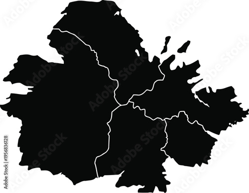 Black silhouette map of antigua showing internal parish boundaries on a plain white background.