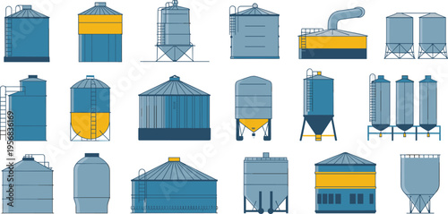 Industrial storage tanks and silos vector illustration with isometric containers grain bins fuel reservoirs and factory storage equipment collection set