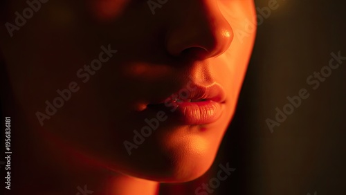 A close-up portrait of a woman's face in dramatic lighting