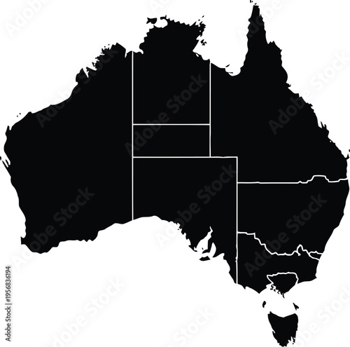 Detailed black silhouette map of australia including white lines for state and territory borders