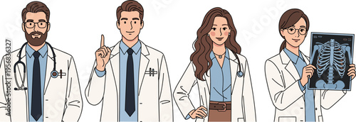 Medical Doctor Team Set with Healthcare Professionals Showing X Ray, Gestures, and Different Poses for Hospital Illustration, Clinic Design, and Healthcare Concept Collection