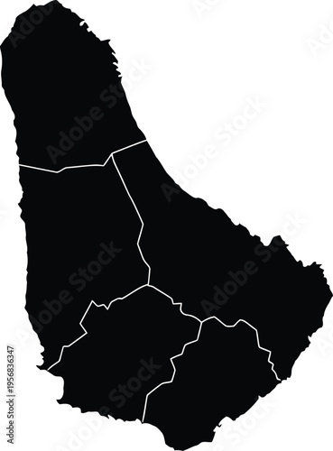 Black silhouette map of barbados showing its administrative parish divisions on a white background.