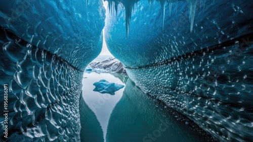 A stunning ice cave with crystal clear water and icicles hanging from the ceiling