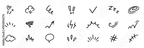 Line element movement hand drawn set. Hand drawn sketch line element icon brush pencil stroke movement chalk. Cute comic cartoon emoji bubble heart star sparkle expression manga. Vector illustration