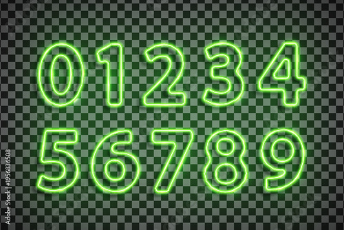 Green numbers font made with led neon tube isolated on transparent background. Light glowing effect numbers. Detailed vector illustration