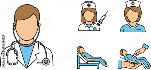 Medical Staff and Patient Care Illustration Set with Doctor Nurse Injection and Treatment Scenes Vector Design for Healthcare Services, Hospital Use, and Education