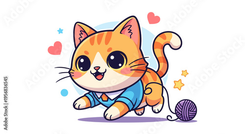 Cute cartoon orange kitten playing outside.