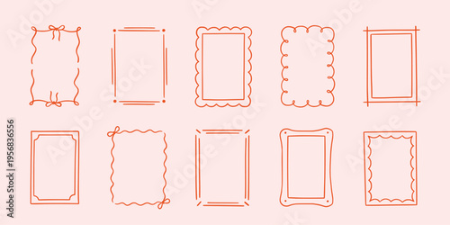 Border frame hand drawn line set. Hand drawn border frame line ribbon bow ornament vintage wedding card. Cute romantic valentine invitation decoration elegant poster design. Vector illustration