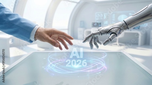 Human hand and robotic hand reaching toward holographic AI 2026 display in futuristic laboratory, conveying collaboration and innovation in technology