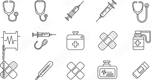Medical Line Icons Set with Stethoscope Syringe Thermometer Bandage and First Aid Elements Minimal Outline Vector Illustration for Healthcare Design and Infographics
