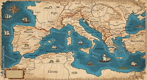 Vintage map of the Mediterranean region.